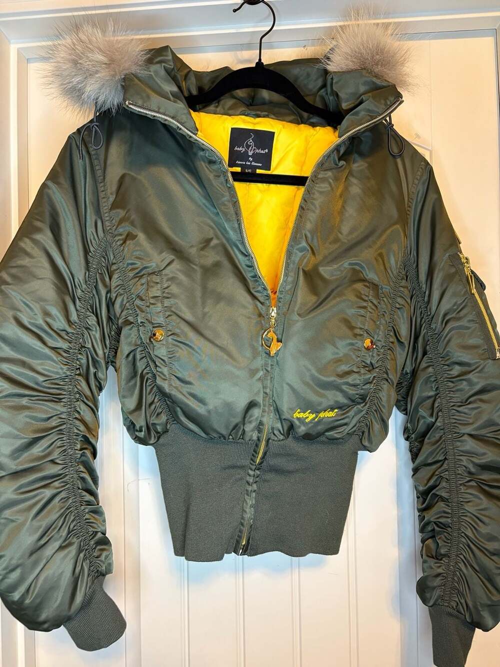 Vintage Baby Phat Bomber Jacket Size S/C Olive Green Puffer Fur Hood Giant Cat L
